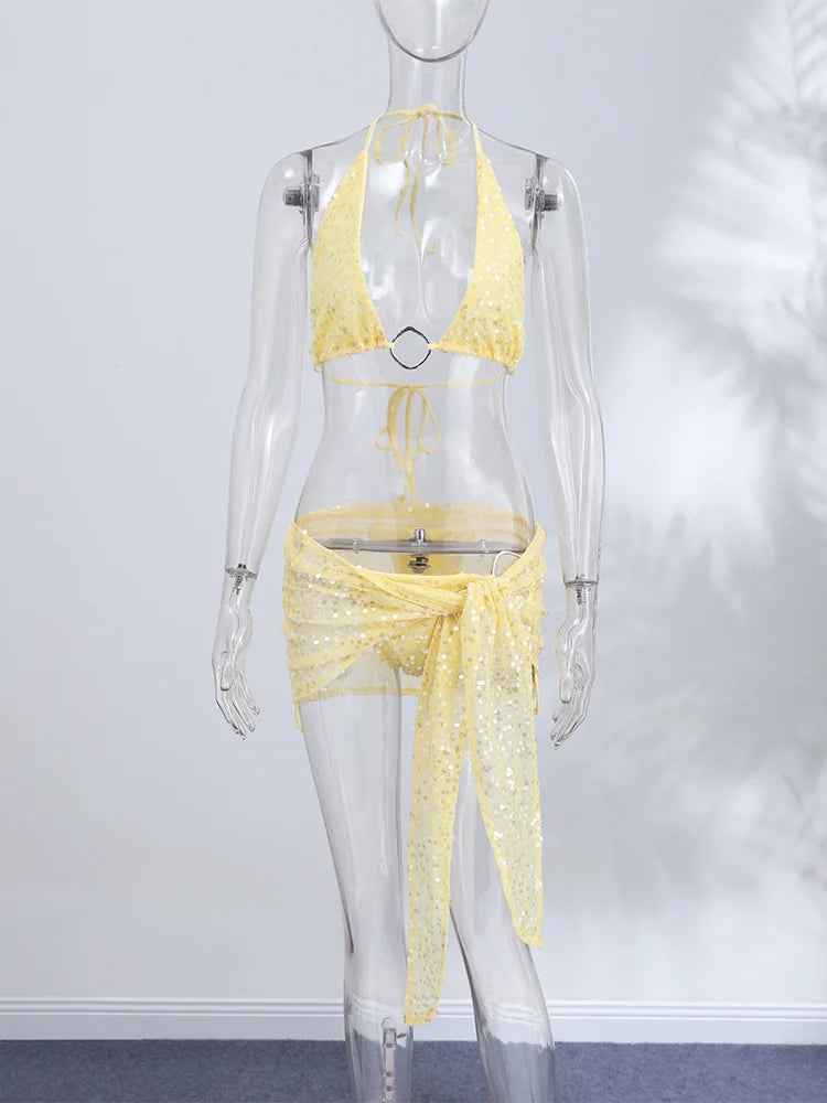Women's Bikinis And Tankinis Beach Swimsuit Vacation Sparkly Sequin Set Halter 3-Piece Swimwear Summer Woman Clothes Pool Party