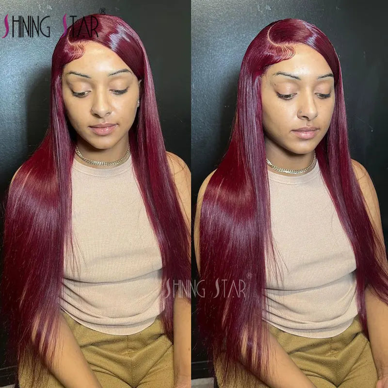Burgundy Red Bone Straight Lace Front Human Hair Wigs Pre Plucked Colored 99J Red 13x6 Transparent Lace Frontal Wig Human Hair