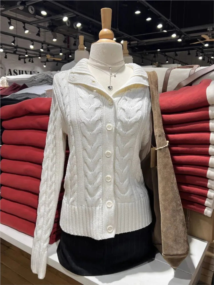 Navy Twist Flower Sweater Cardigan Women Single Breasted Long Sleeve Slim Short Sweaters Autumn Vintage Sweet Knitted Hoodies