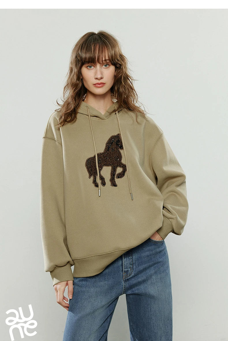 TOYOUTH Women Hoodies 2025 Winter New Loose Crew-neck Warm Applique Embroidery Tops