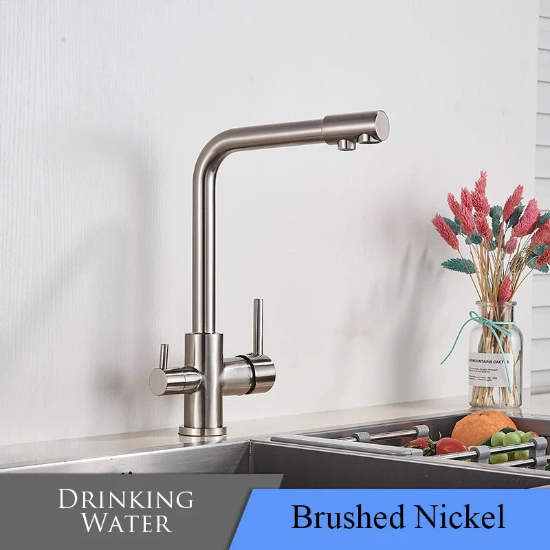 Chrome Kitchen Faucet Dual Swivel Spout Drinking Water Filter Brass Purifier Vessel Sink Mixer Tap Hot and Cold Water Torneira