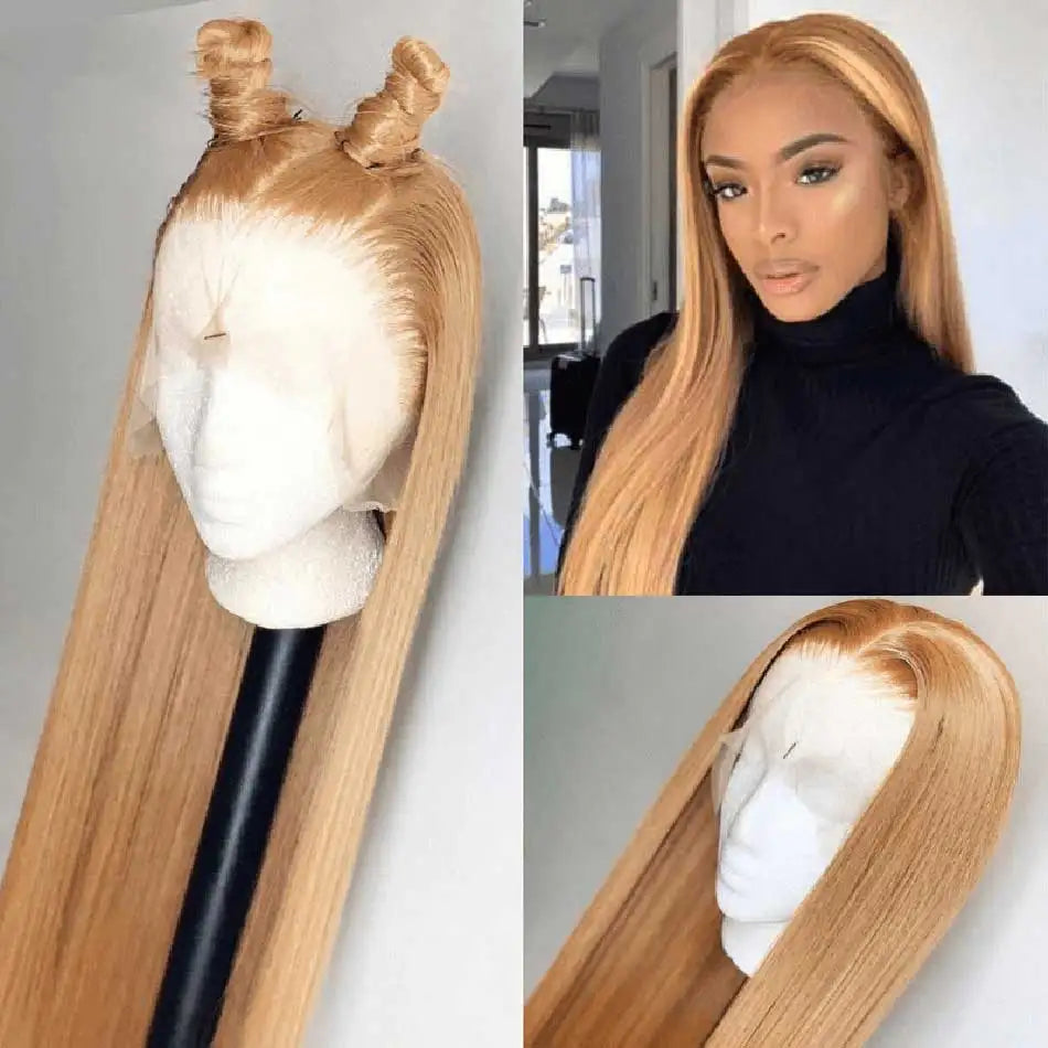 Tuneful 27# Honey Blonde Colored Human Hair Wigs Straight 180% 13x6 HD Transparent Lace Front Human Hair Wigs For Women