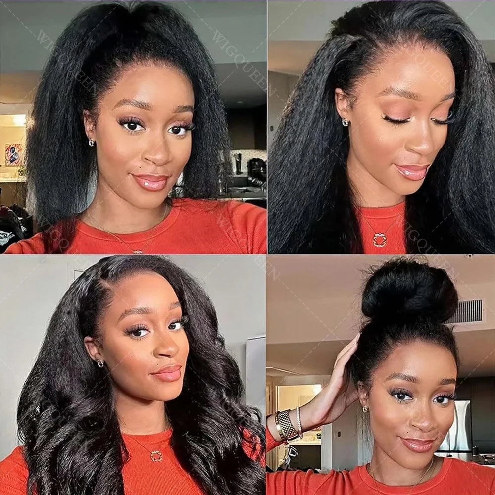 Kinky Straight Glueless Wigs Adjustable Drawstring 3 IN 1 Half Wigs Human Hair 250% Snug Fit No Leave Out Clip-in Yaki Wave Wigs