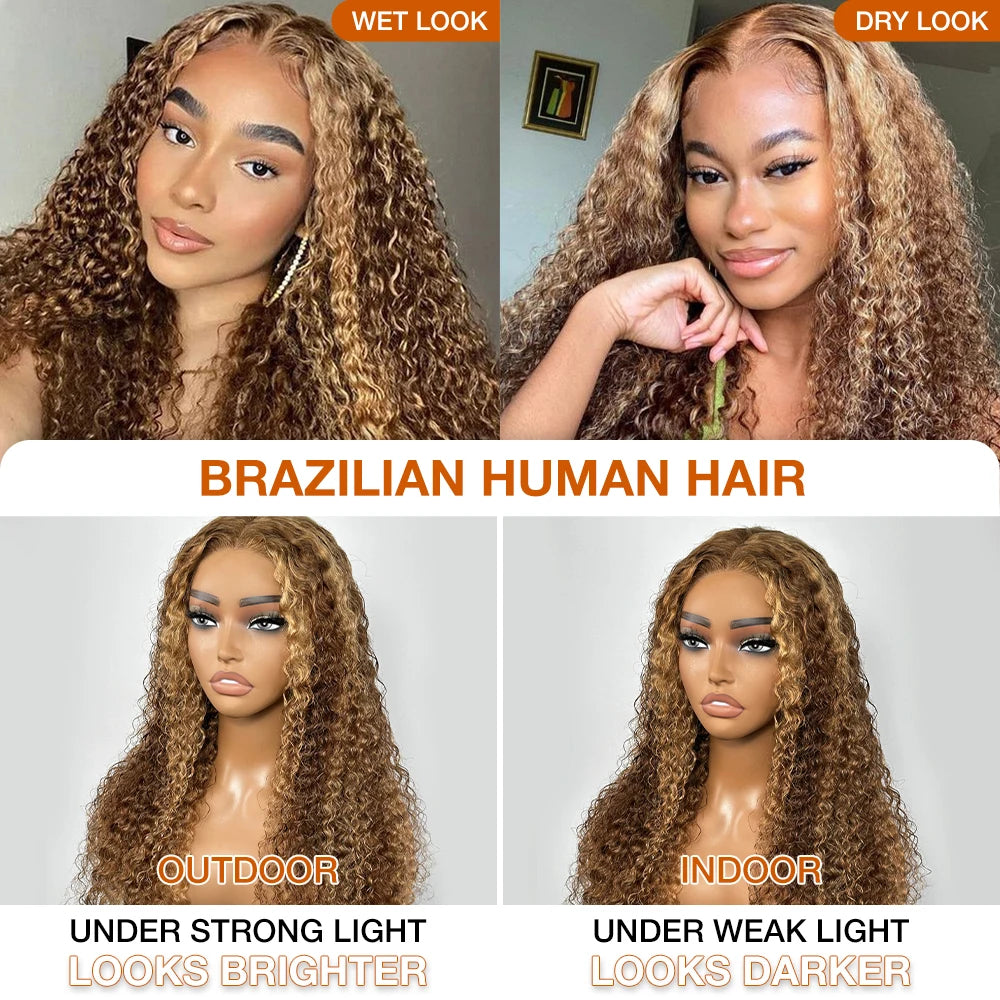 Deep Wave Honey Blonde Glueless Wigs Human Hair Pre Cut Highlight Wear and Go Curly Wigs for Women Ombre HD Lace Front Wig