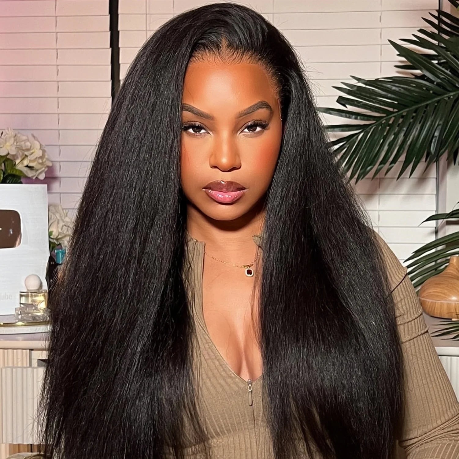 Kinky Straight Glueless Wigs Adjustable Drawstring 3 IN 1 Half Wigs Human Hair 250% Snug Fit No Leave Out Clip-in Yaki Wave Wigs