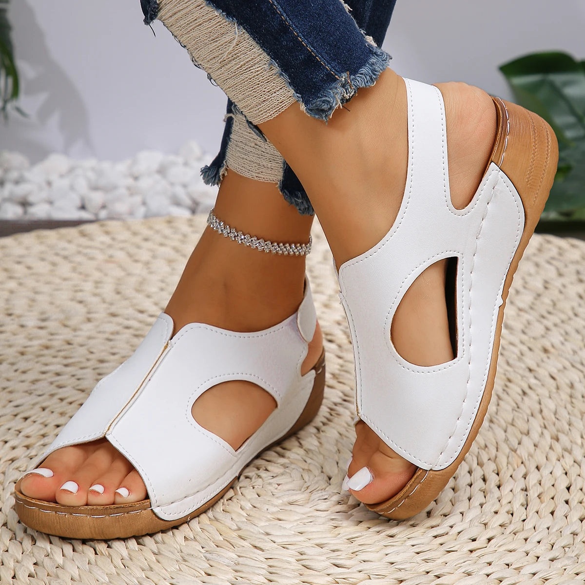 Summer Sandals for Women  Wedge Heel Platform Shoes Synthetic Leather Peep Toe Hook Loop Casual Beach Walking Ladies Footwear