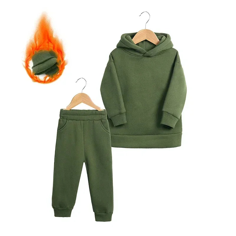 Children Fleece Winter Outfit Toddler Cotton Solid Hoodies Pullover Sweatshirt Pants Tracksuit Set Kids Boy Girl Warm Sweatsuits