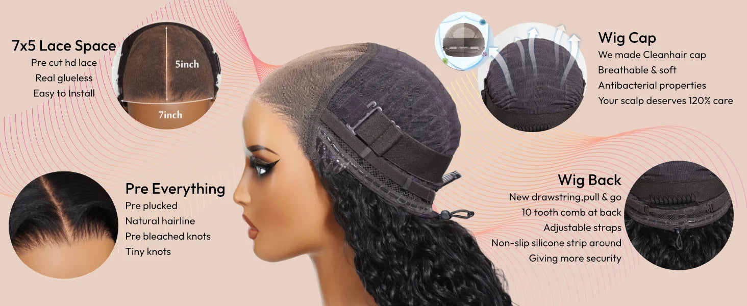 Unice Hair Drawstring Cap 7x5 & 13x4 Water Wave Human Hair Wig With Baby Hair Pre Cut Pre Bleached Pre Plucked Glueless Wigs