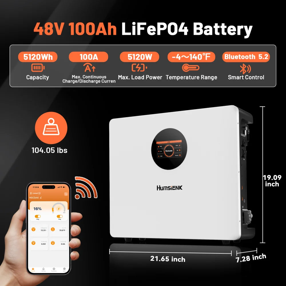 Humsienk 48V 100Ah LiFePO4 Battery WALL-Mounted Bluetooth &Real-time Monitoring Display 100A BMS For Inverter, RV, Solar Energy