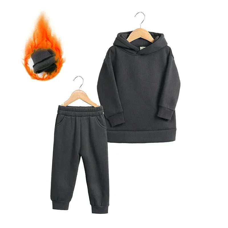 Children Fleece Winter Outfit Toddler Cotton Solid Hoodies Pullover Sweatshirt Pants Tracksuit Set Kids Boy Girl Warm Sweatsuits