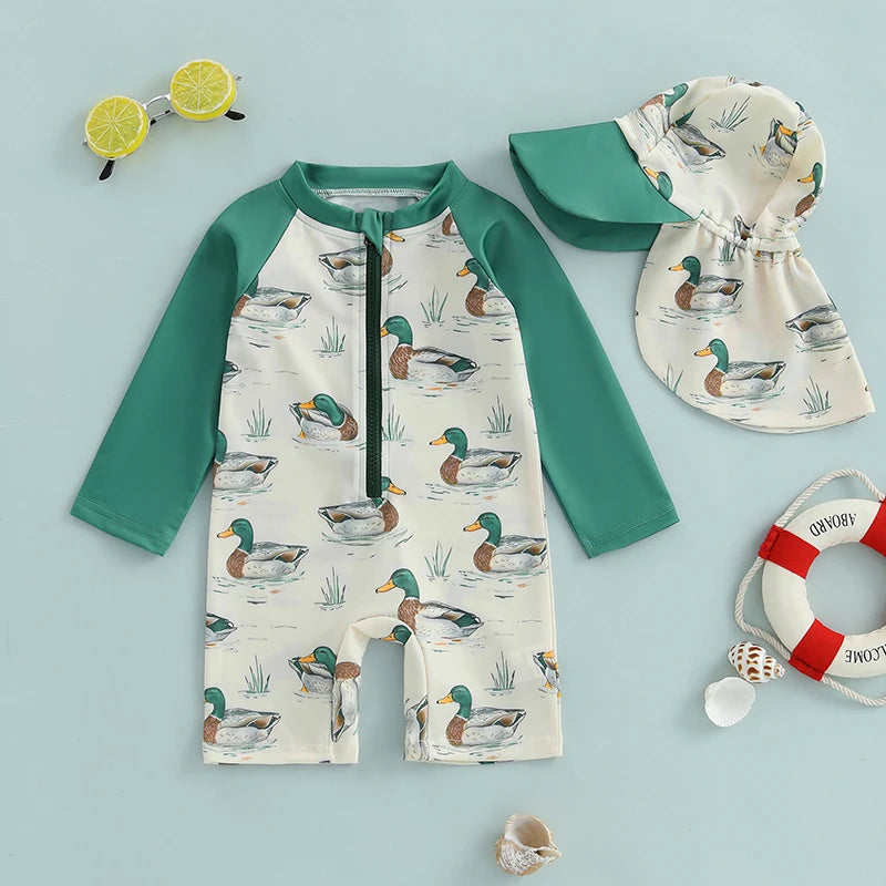Toddler Kids Boy Rash Guard Swimsuit with Hat 2 Pcs Set Duck Printed Zip Up Long Sleeve Crew Neck Baby Boy Swimwears