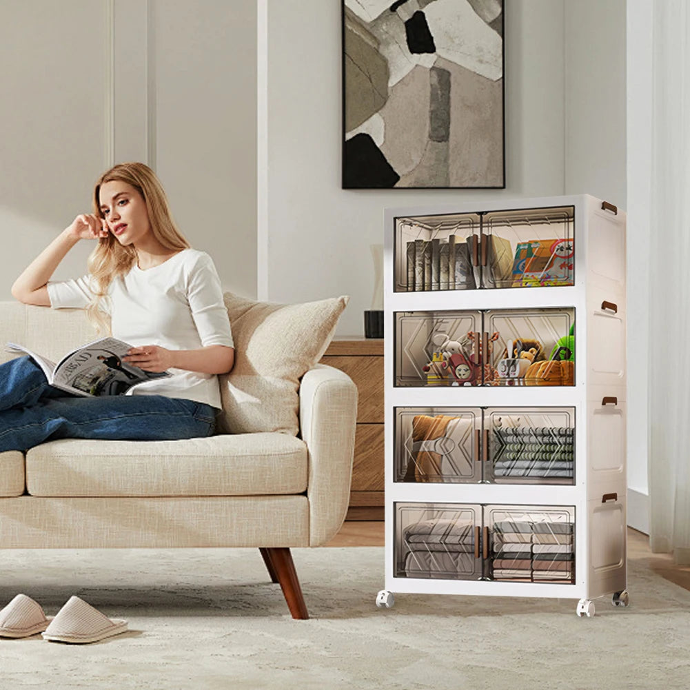 4 Tier Folding Storage Boxes with Doors & Wheels Plastic Storage Containers Foldable Organization for Living Room Bedroom Office