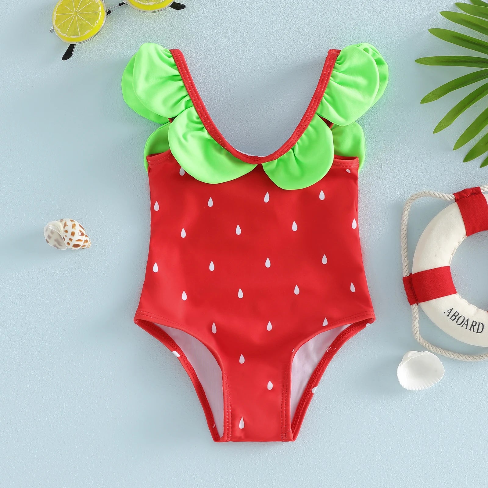 Tregren Toddler Baby Girl Swimsuit Watermelon Seeds Print Green Trim Crew Neck Swimwear Kids Infant Beach Bathing Suit Monokini