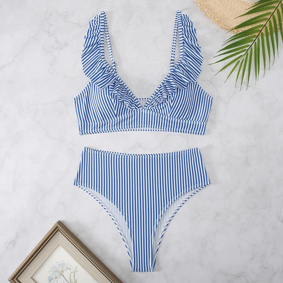 Sexy Striped Ruffle Bikini Swimsuit Women 2025 Two-piece Swimwear High Waisted Bikinis Sets Female Bathing Suit Push Up Monokini