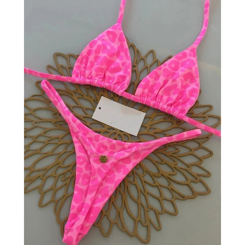 Sexy Bikini Set Bathing Suit Women Vintage Print Halter Lace-up Thongs Bikini Push Up Y2k Fashion Chic Beach Style Sexy Swimsuit