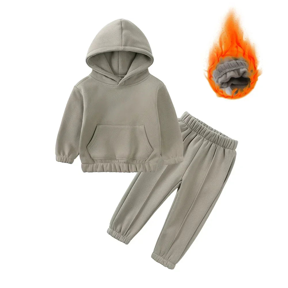 Children Fleece Winter Outfit Toddler Cotton Solid Hoodies Pullover Sweatshirt Pants Tracksuit Set Kids Boy Girl Warm Sweatsuits
