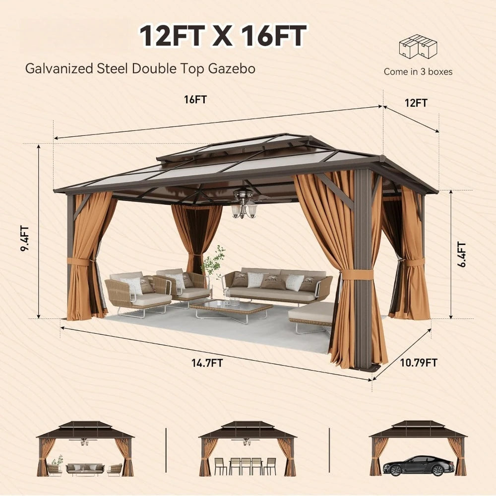 12'x16' Hardtop Gazebo, Outdoor Metal Gazebo with Double Polycarbonate Roof Canopy, Permanent Pavilion with Netting, Customized