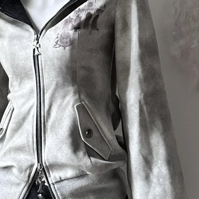 Y2k Aesthetic Vintage Printing Pocket Hoodies Gothic Fairy Grunge Hooded Jackets Autumn Women Double Zippers Punk Sweatshirt