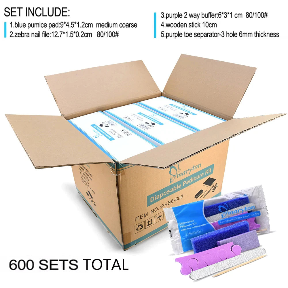 600 Sets/Carton Disposable 5Pcs Pedicure Sets Nail Art Sanding Sandpaper Wooden Nail File Kits Tools Set