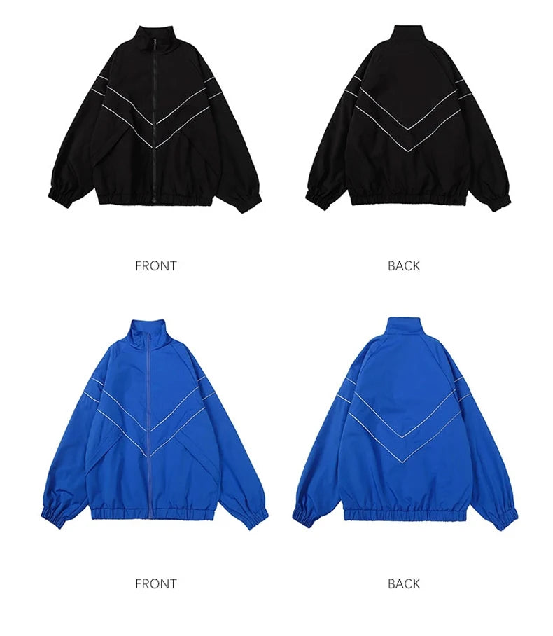Reflective Striped Men's Jacket 2026 Hip Hop Streetwear Coats Zipper Up Jacket Windbreaker Harajuku Thin Coats Sports Black Blue
