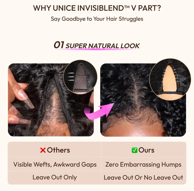 UNice Burmese Curly V Part Wig With Drawstring Clip-In Human Hair Wigs 180% Density No Glue Minimal Leave-out