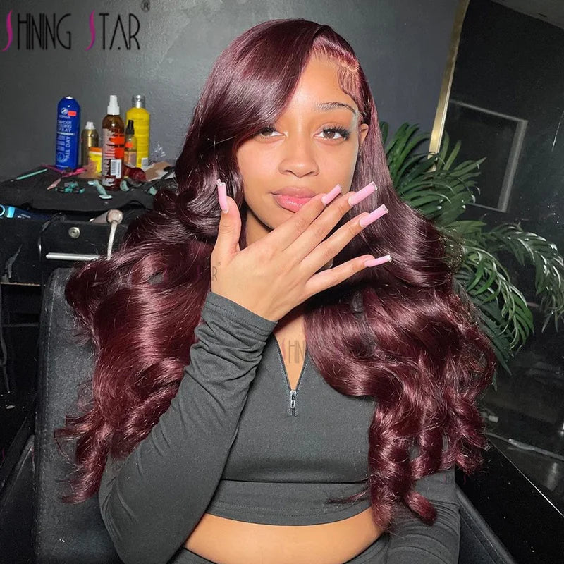 Burgundy Red Bone Straight Lace Front Human Hair Wigs Pre Plucked Colored 99J Red 13x6 Transparent Lace Frontal Wig Human Hair