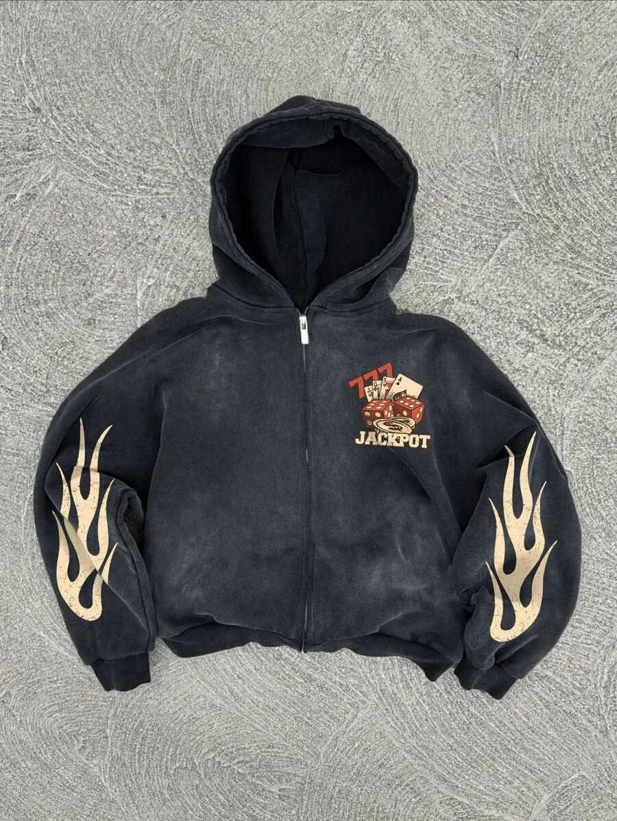 New Y2K Harajuku American Good Luck Pattern Printed hoodie man clothes Vintage Hip Hop Jacket Gothic Style Casual zip up hoodies