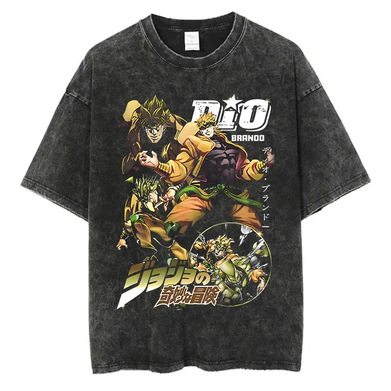 Vintage Washed TShirt Men Summer Hip Hop Streetwear T-shirt JoJo Bizarre Adventure Anime Print Cotton Casual Short Sleeve Tshirt