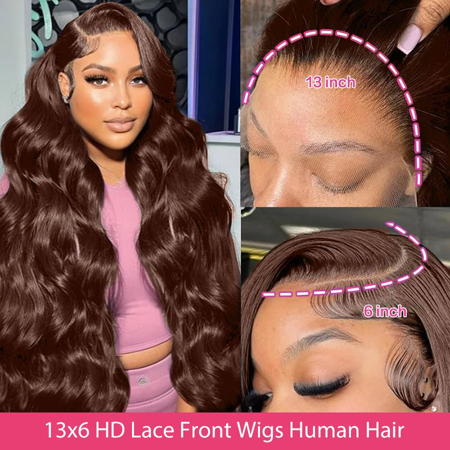 Chocolate Brown 13x6 HD Lace Front Wig Body Wave Transparent Lace Frontal Wig Colored Human Hair Wigs 13x4 Preplucked Glueless
