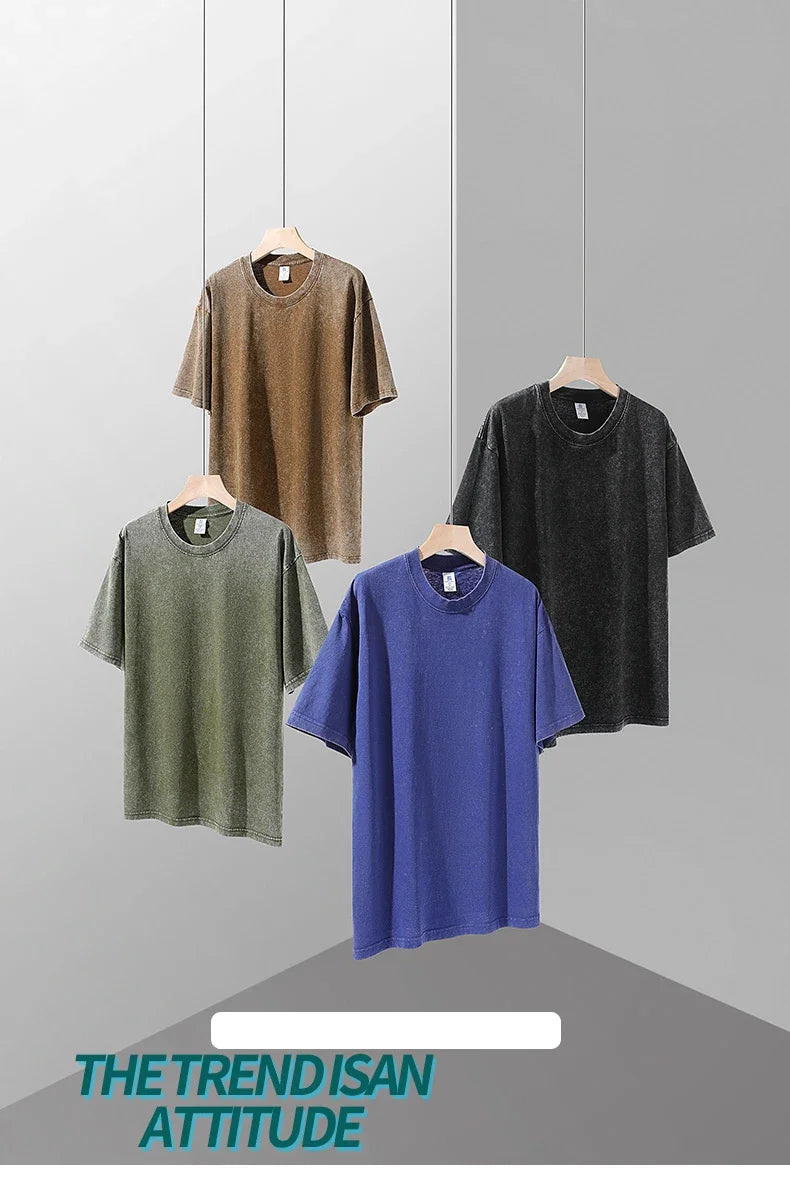 250gsm Men's Washed Vintage T-Shirts Street Hip Hop Retro Punk T Shirt Women Harajuku Casual Cotton Short Sleeve Acid Wash Tops