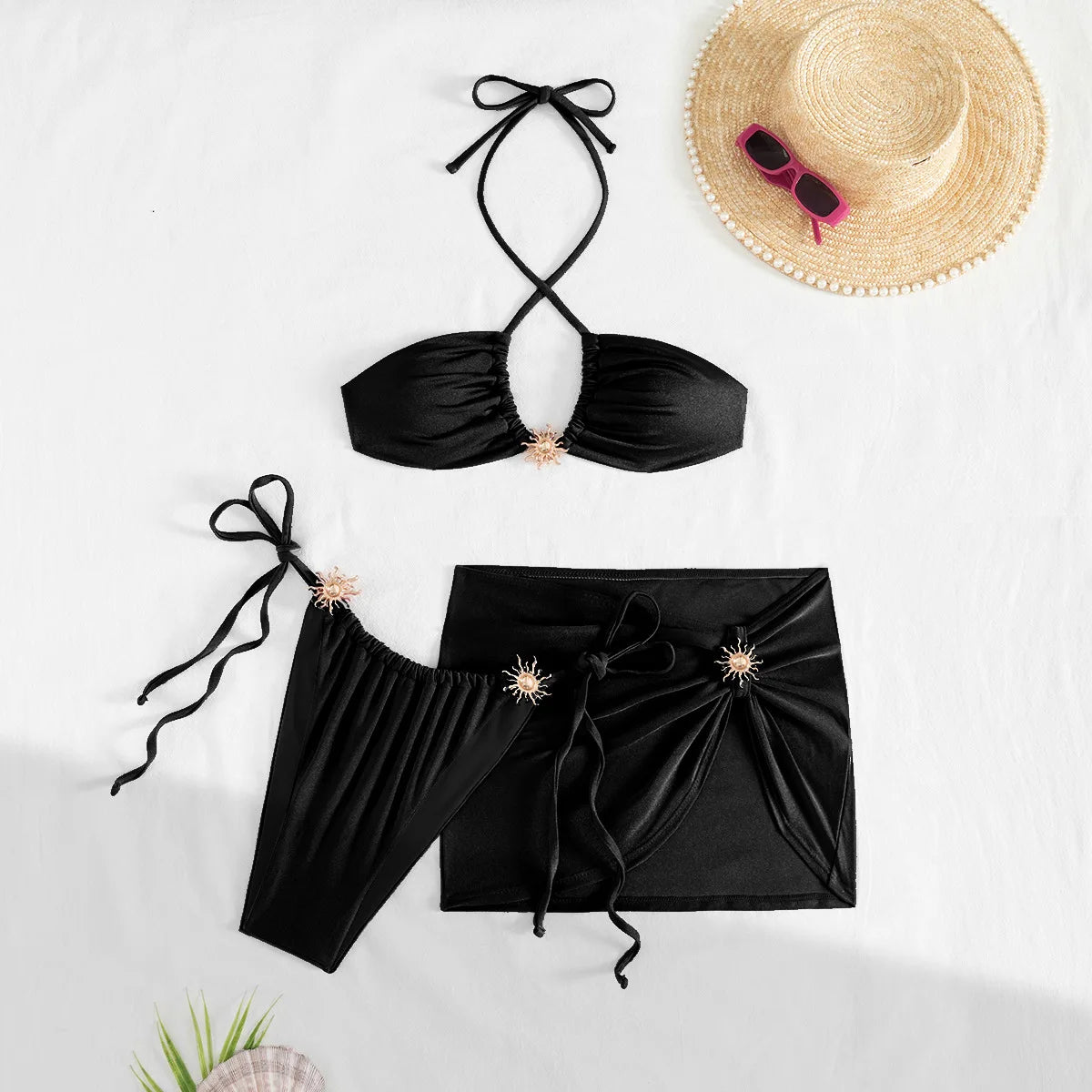 3 PCS with Skirt Halter Strappy Bikini Female Swimsuit Women Swimwear Three-pieces Bikini Set Bather Bathing Suit Swim Beachwear