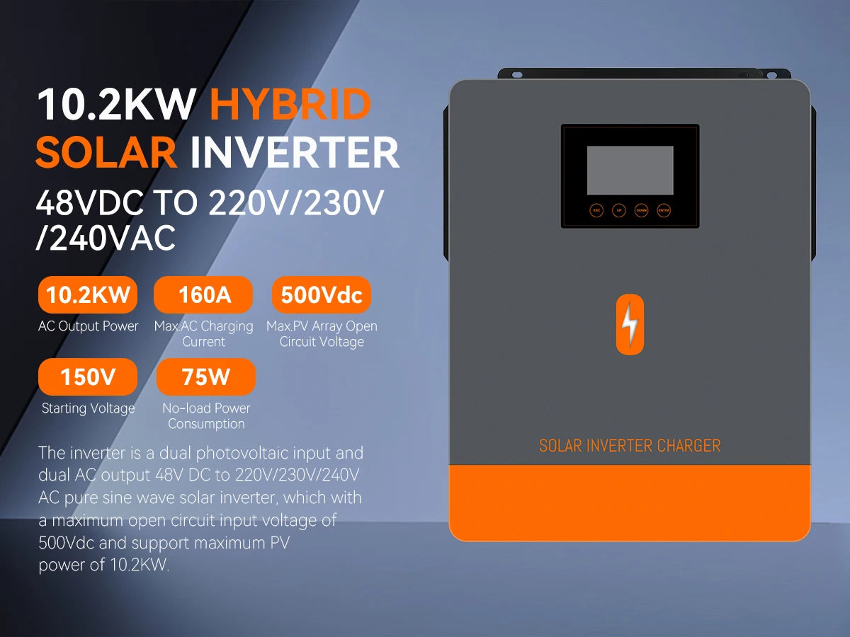 PowMr 10.2KW 48V MPPT Solar Inverter Pure Sine Wave Hybrid 160A 230VAC Output PV 90V~500V Input With Dual AC&Dual PV Interface