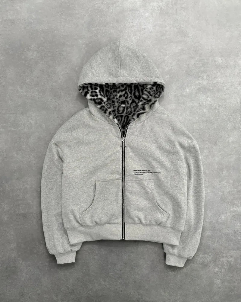 American New Retro Leopard Print Two-sided Fashion Zipper Hoodie Men Street Hip-hop Harajuku Y2K Casual Oversized Sweatshirt