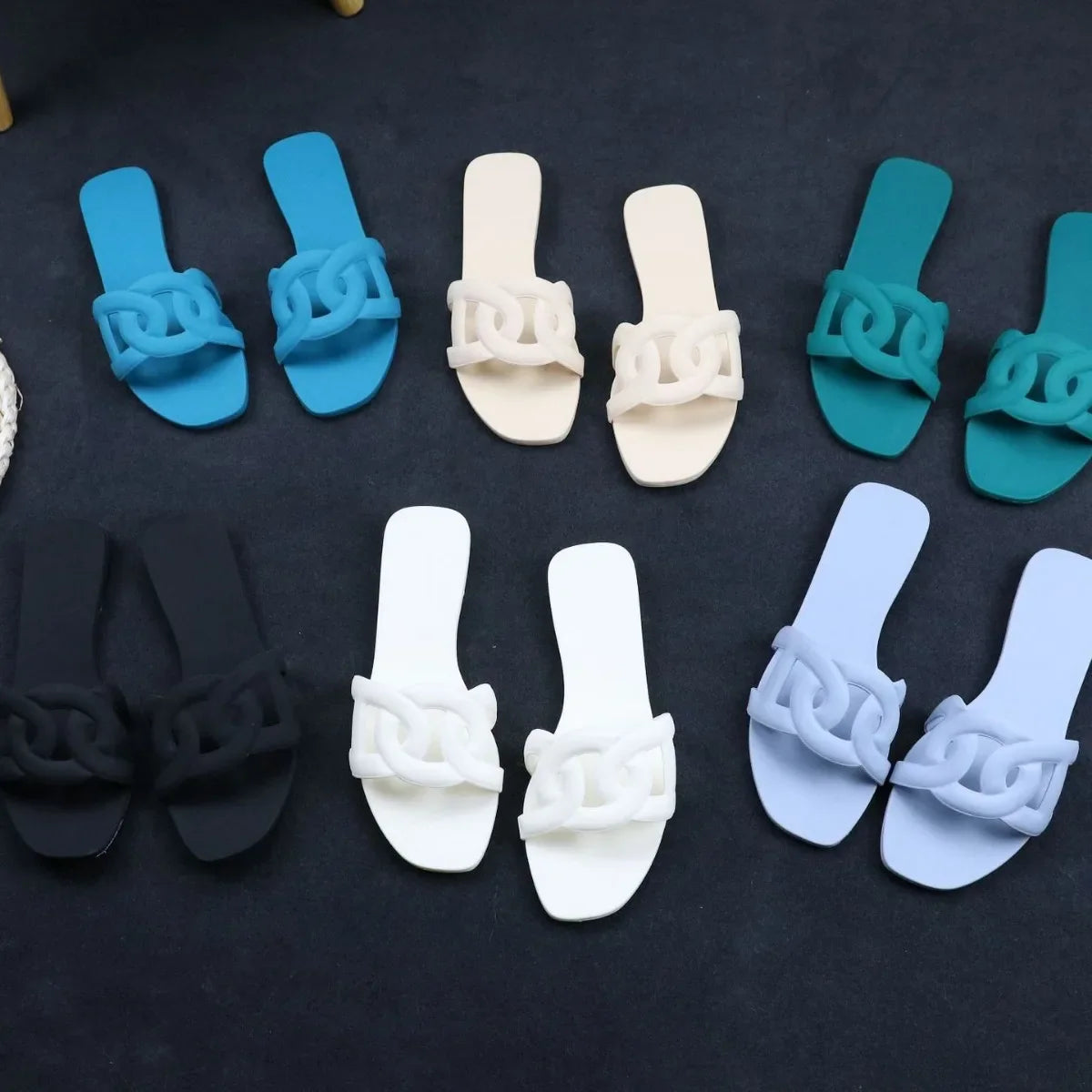 Summer women's one-word sandals daily leisure shopping beach wear flat shoes versatile solid color hollow