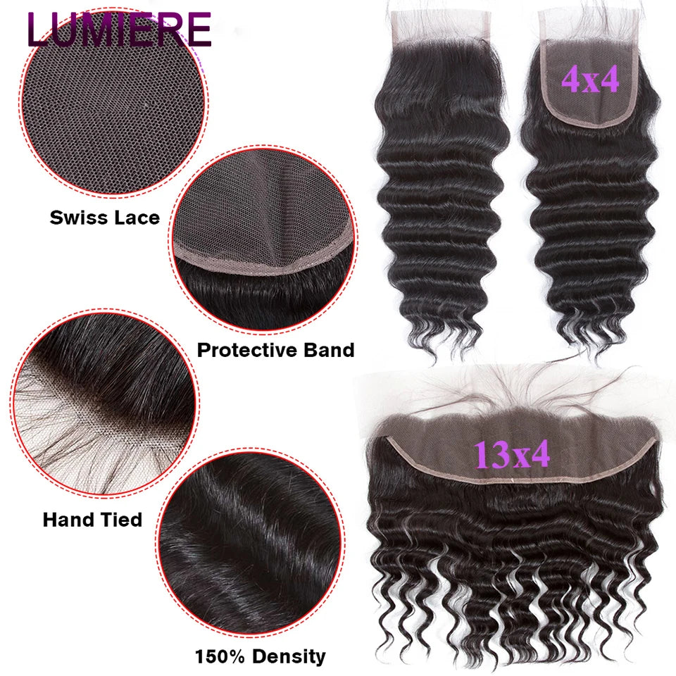 40" Loose Deep Wave Human Hair Bundle With Closure Frontal HD Transparent Lace Closure With Bundle Human Hair Weave Bundles Deal