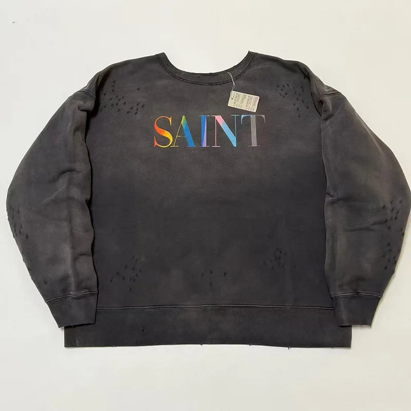 New Letter Print SAINT Hoodies Men Woman Retro Washed Damaged High Street Pullover Sweatshirts Loose Casual Good Quality