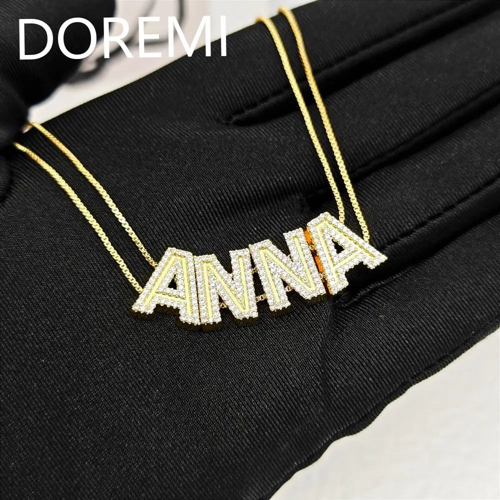 DOREMI 2024 New Custom Gold Plated Initial Letter CZ Zircon Double Chain Slide Name Necklace for Women Anniversary Jewelry Gifts