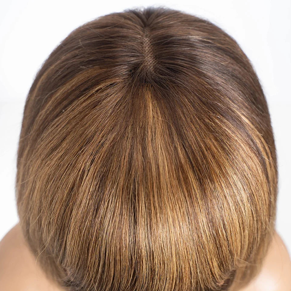 Straight Hair Short Bob Lace Wigs 100% Human Hair Wigs With Bangs #4/27 Natural Brown Middle Part Bob Lace Wigs Realistic Scalp