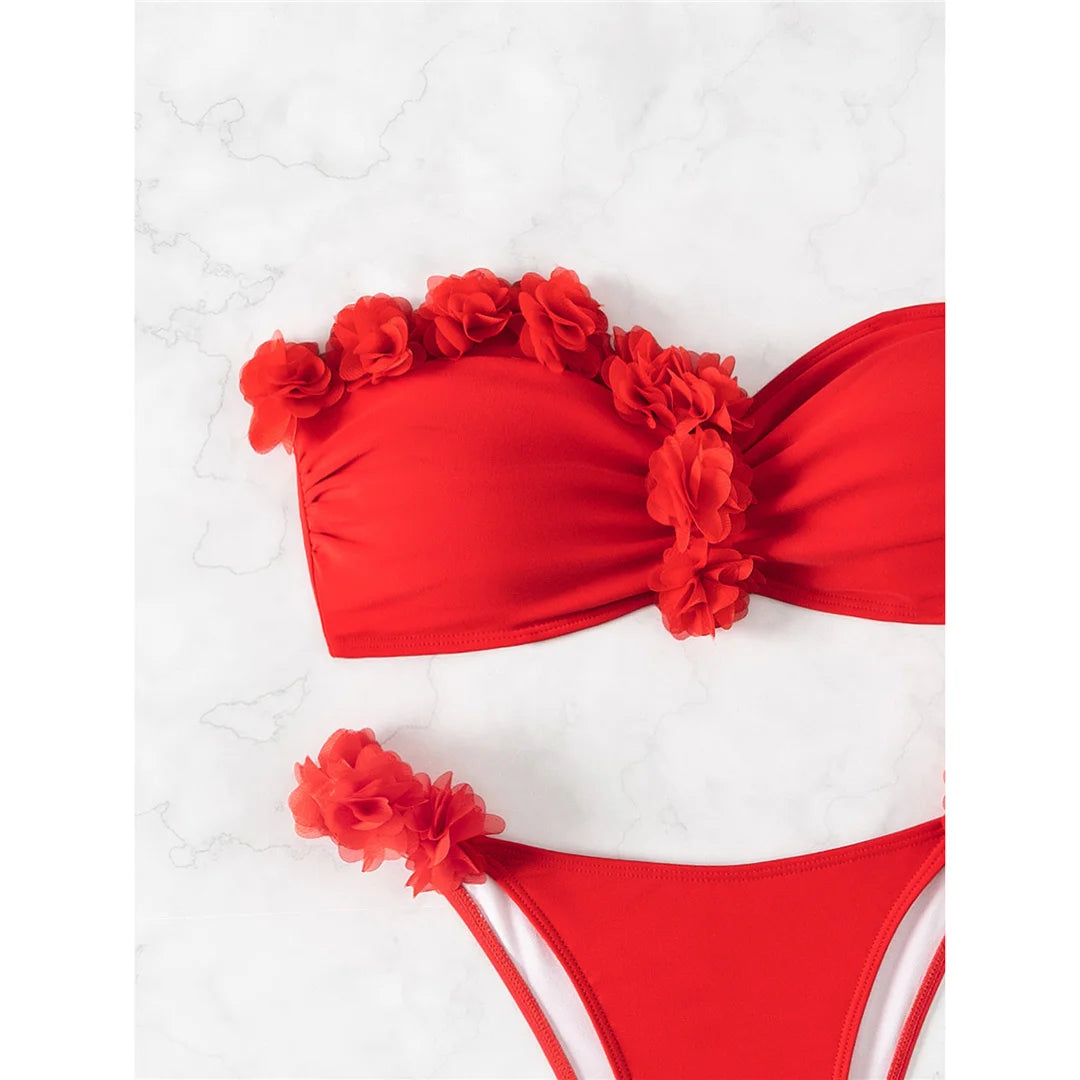 XS - L 3D Flowers Bandeau High Cut Bikini Women Swimwear Female Swimsuit Two-pieces Bikini set Bather Bathing Suit Swim V5961