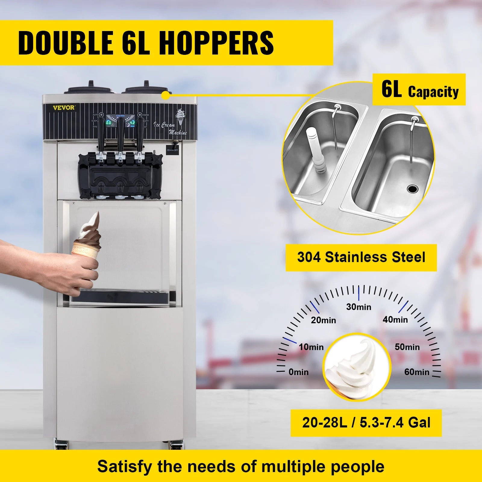 VEVOR Commercial Soft Serve Ice Cream Machine 2200W 20-28L/H - Dual 6L Hoppers for 2 Flavors, Dessert Shops & Bubble Tea Stores
