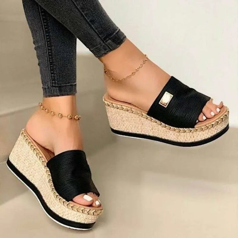 Summer - Ready Black Wedge Sandals | Raffia - Woven, Metal - Accented & Comfy Design