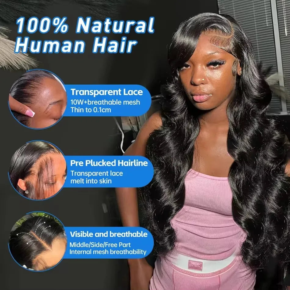 250 Density Body Wave Lace Front Human Hair Wigs 13x4 13x6 Transparent Lace Frontal Human Hair Wigs 40 Inch Pre Plucked Lace Wig