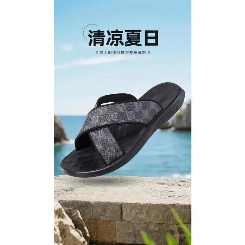 Summer Grid Pattern Slide Sandals for Men, Fashion Casual Breathable Beach Shoes, Versatile Comfy Slippers for Daily Leisure