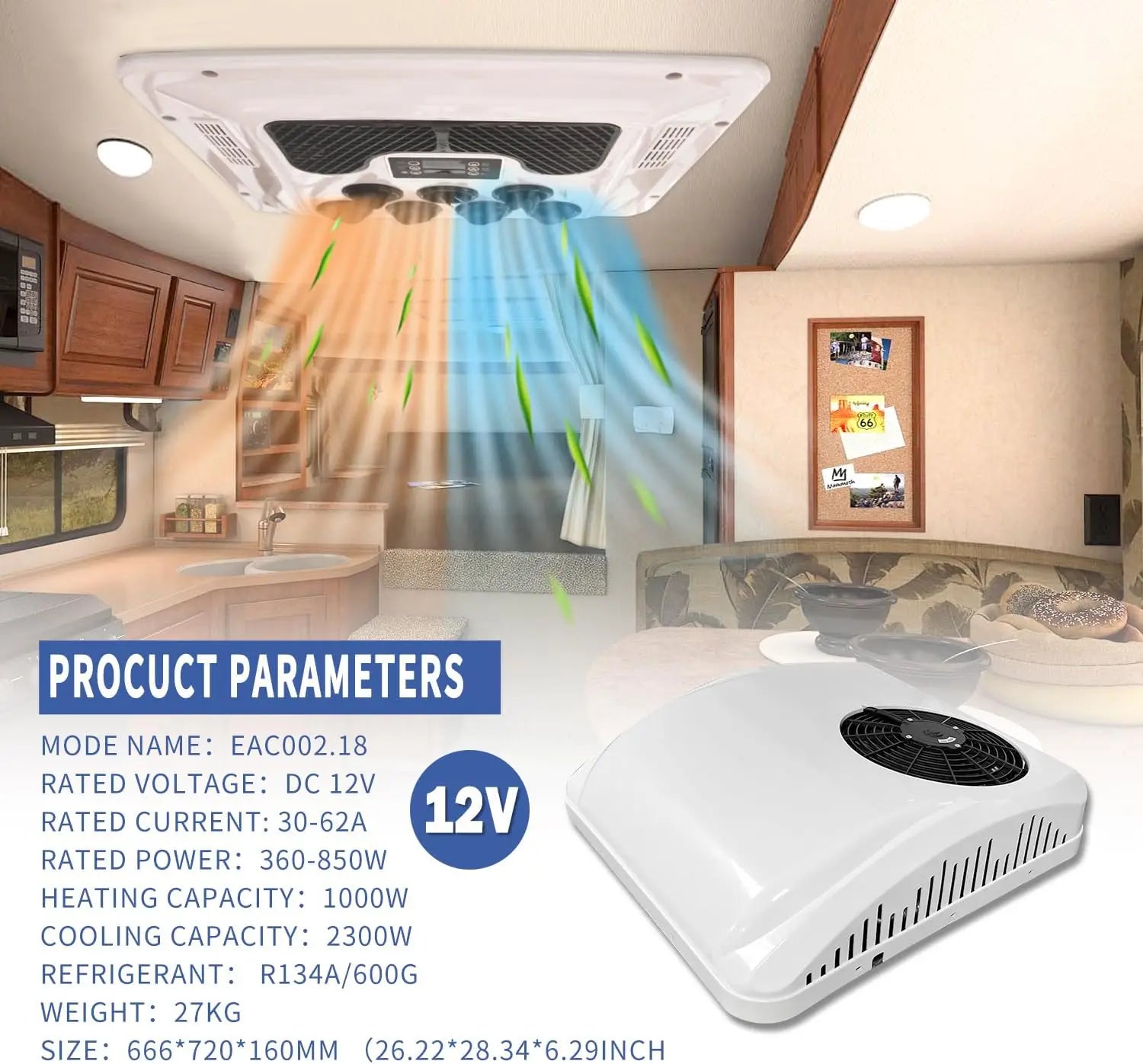 Treeligo 12V/24V 13500BTU Roof Air Conditioner Electric Cool RV Rooftop Parking AC Unit for Truck Camper Van Caravans Motor home