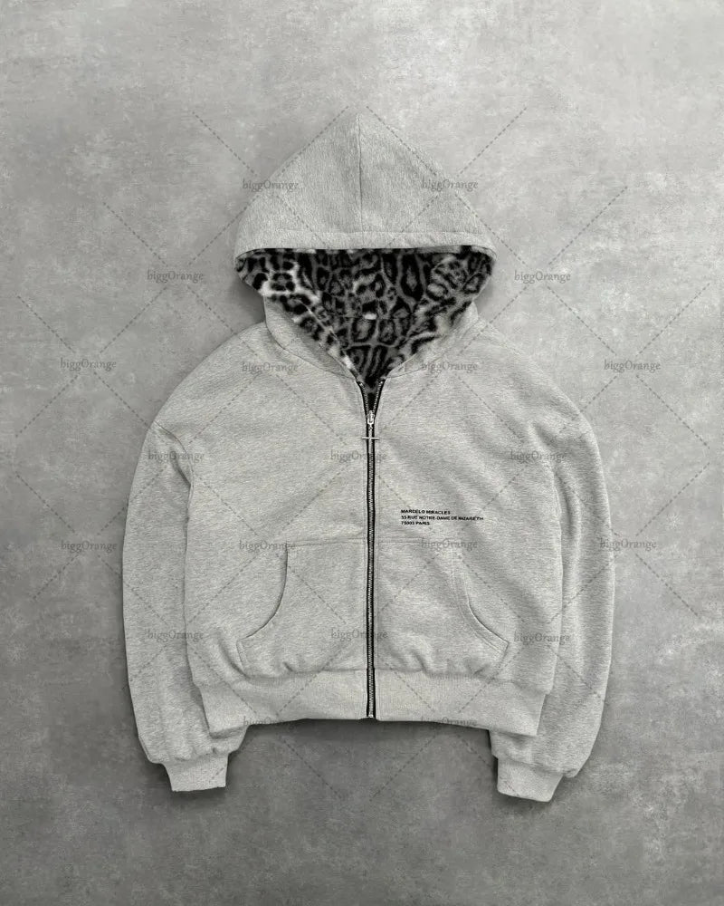 American New Retro Leopard Print Two-sided Fashion Zipper Hoodie Men Street Hip-hop Harajuku Y2K Casual Oversized Sweatshirt