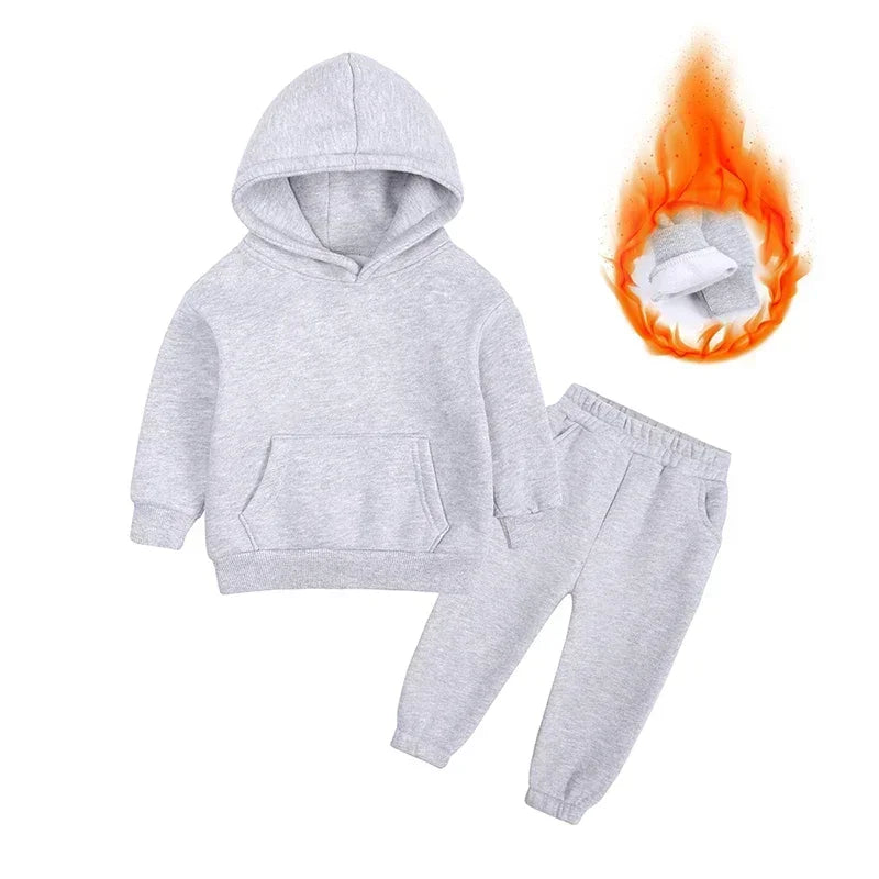 Children Fleece Winter Outfit Toddler Cotton Solid Hoodies Pullover Sweatshirt Pants Tracksuit Set Kids Boy Girl Warm Sweatsuits