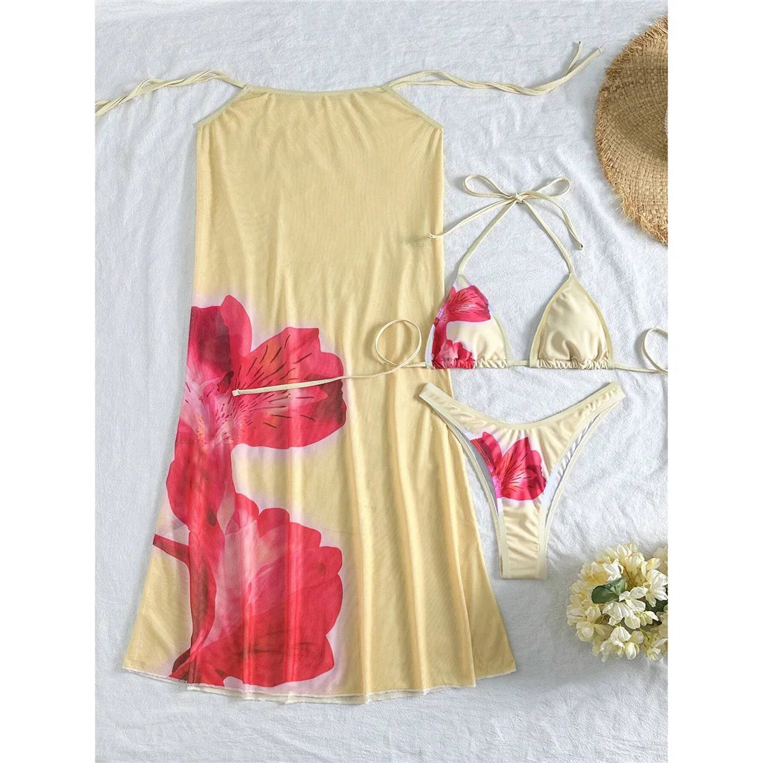 XS - L With Cover Up Flowers Halter Bikini Female Swimsuit Women Swimwear Three-pieces Bikini set Bather Bathing Suit Swim K6800