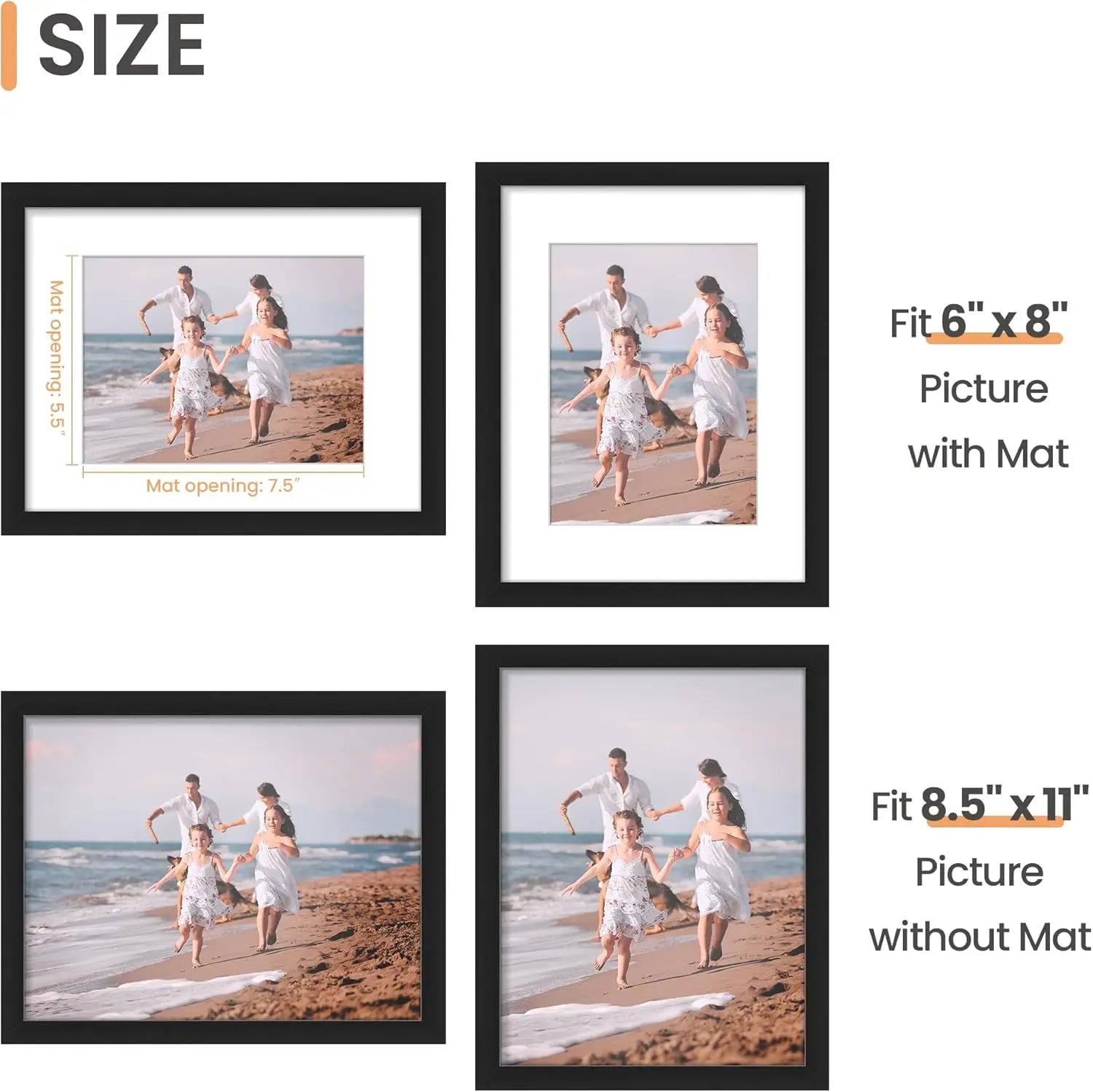 8.5 By 11 Picture Frame, Display Pictures 6x8 with Mat or 8.5 x 11 Without, Wall Hanging Photo Frames, Black, 1 Pack