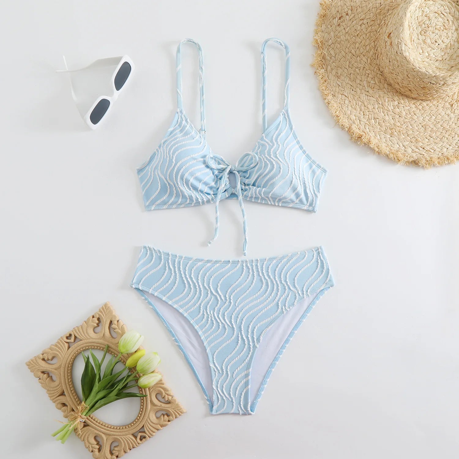 2026 New Women's Bikini Set Stripe Print 2 Pice Swimsuit Drawstring Lace-up V Neck Suspender Backless Beach Vacation Swimwear