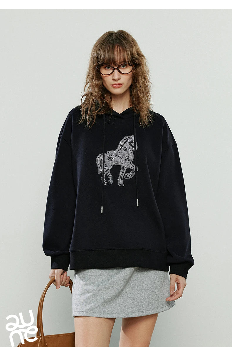 TOYOUTH Women Hoodies 2025 Winter New Loose Crew-neck Warm Applique Embroidery Tops